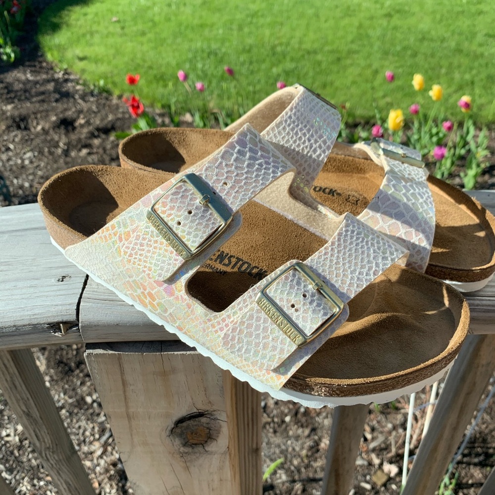Birkenstock Arizona Shiny Snake Cream Sandal